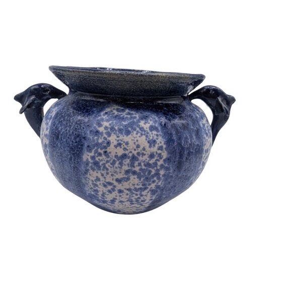 Studio Pottery Blue Speckled Ceramic Pot With Dolphin Handles Signed Base 5" X 6 - Picture 8 of 10
